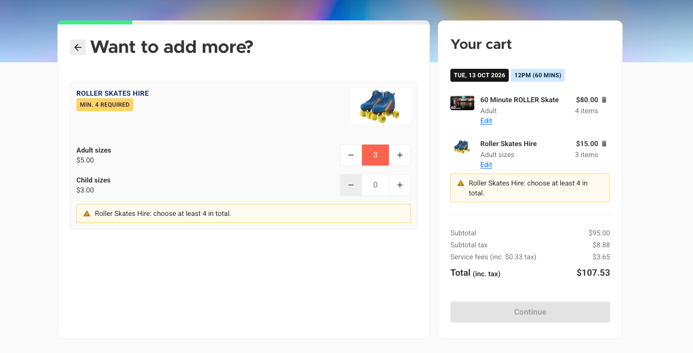 Online checkout add-on step telling guests how many more skate hires they need to add before they can continue