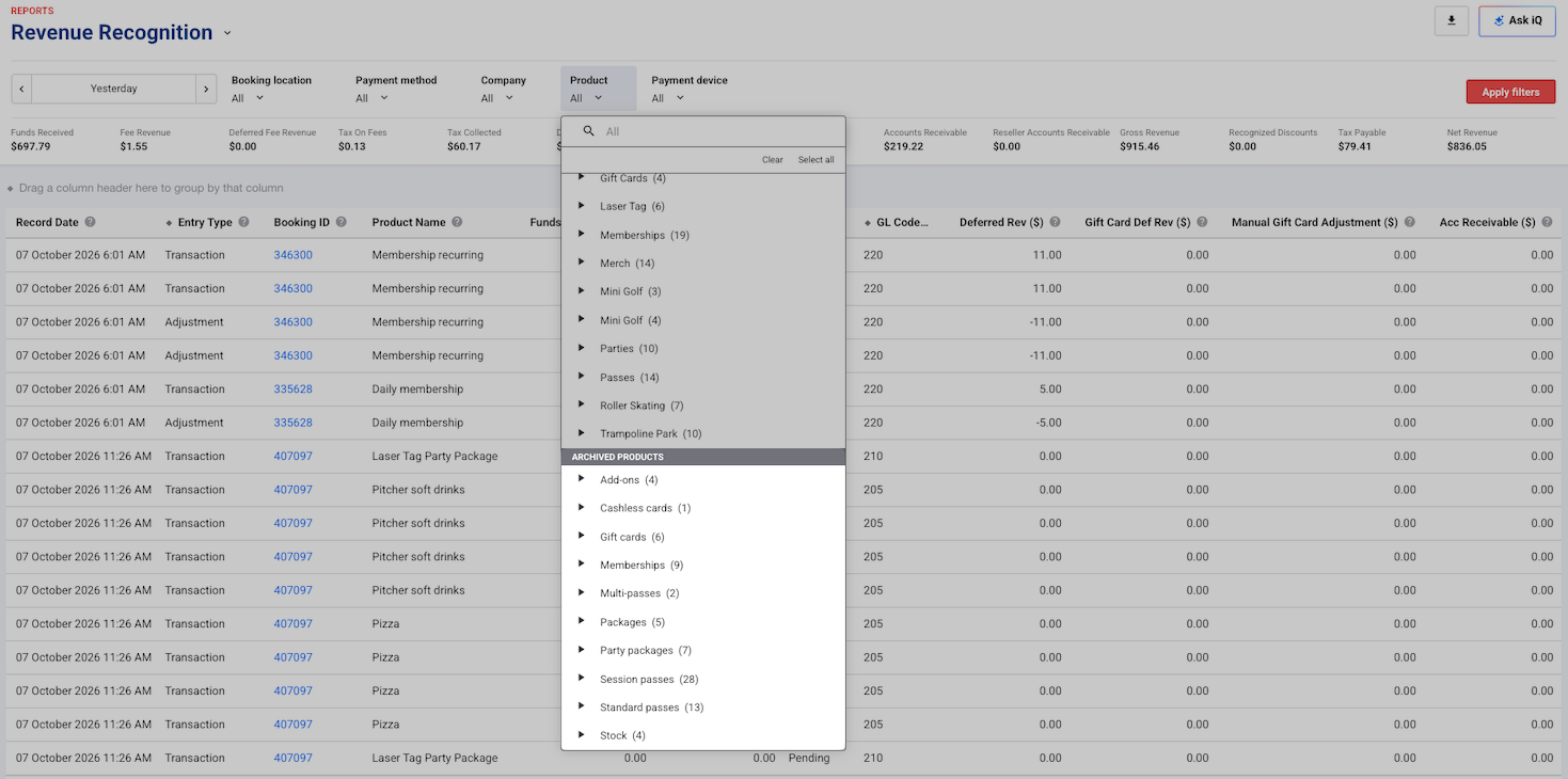 Revenue Recognition report Product filter listing archived products in their own section, grouped by product type