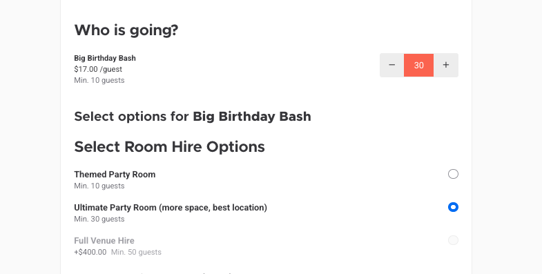Online checkout where guests pick a party room, with rooms grayed out when the party is below the minimum size