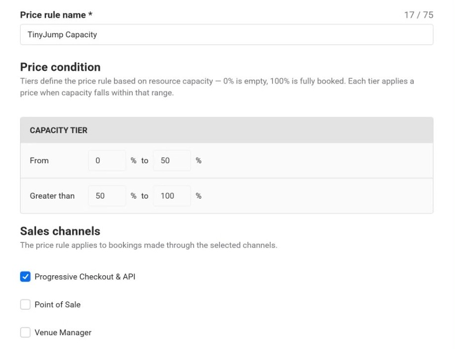 New capacity-based price rule with two capacity tiers and checkboxes for the sales channels the tiers apply to