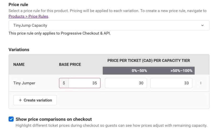 Product pricing with a capacity-based price rule selected, a base price and a ticket price for each capacity tier