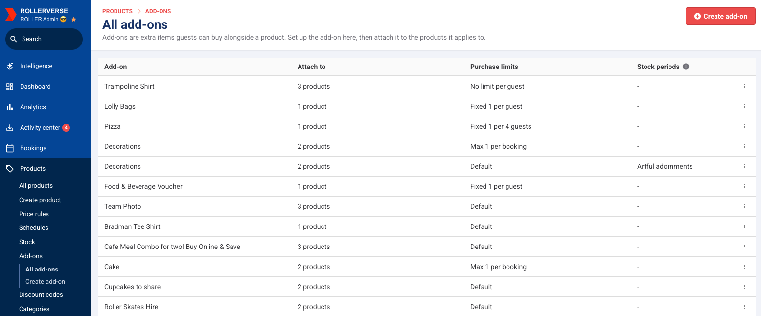 All add-ons list in Venue Manager showing each add-on, the products it's attached to and its purchase limits
