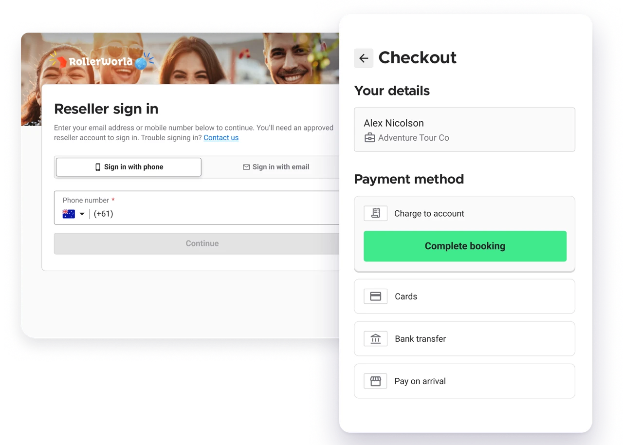 Reseller portal sign-in page beside a reseller checkout showing Charge to account and other payment methods