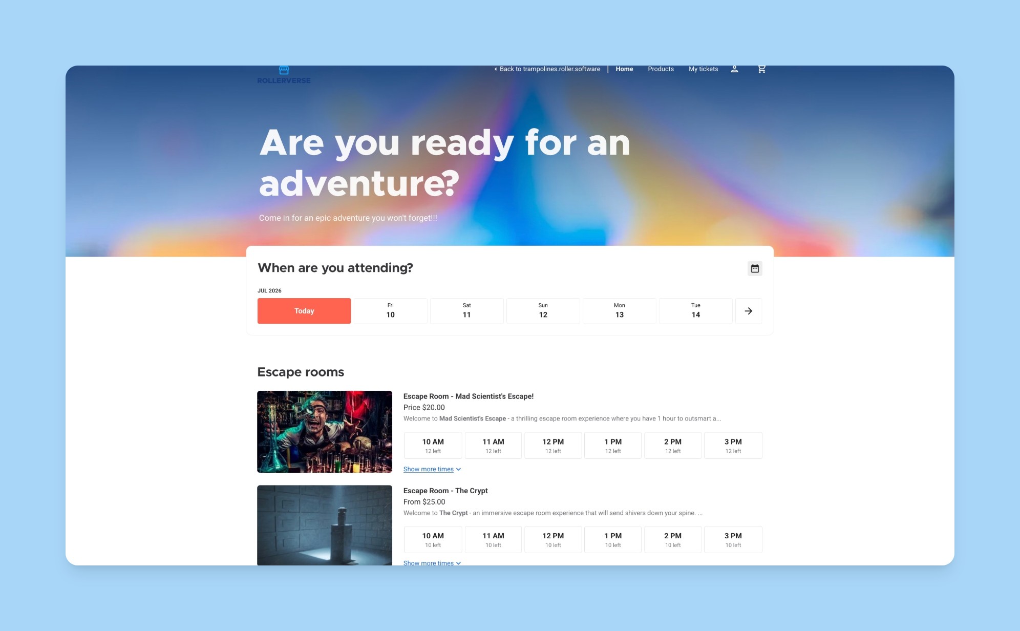 The new session times checkout widget showing several products and their available session times on the homepage