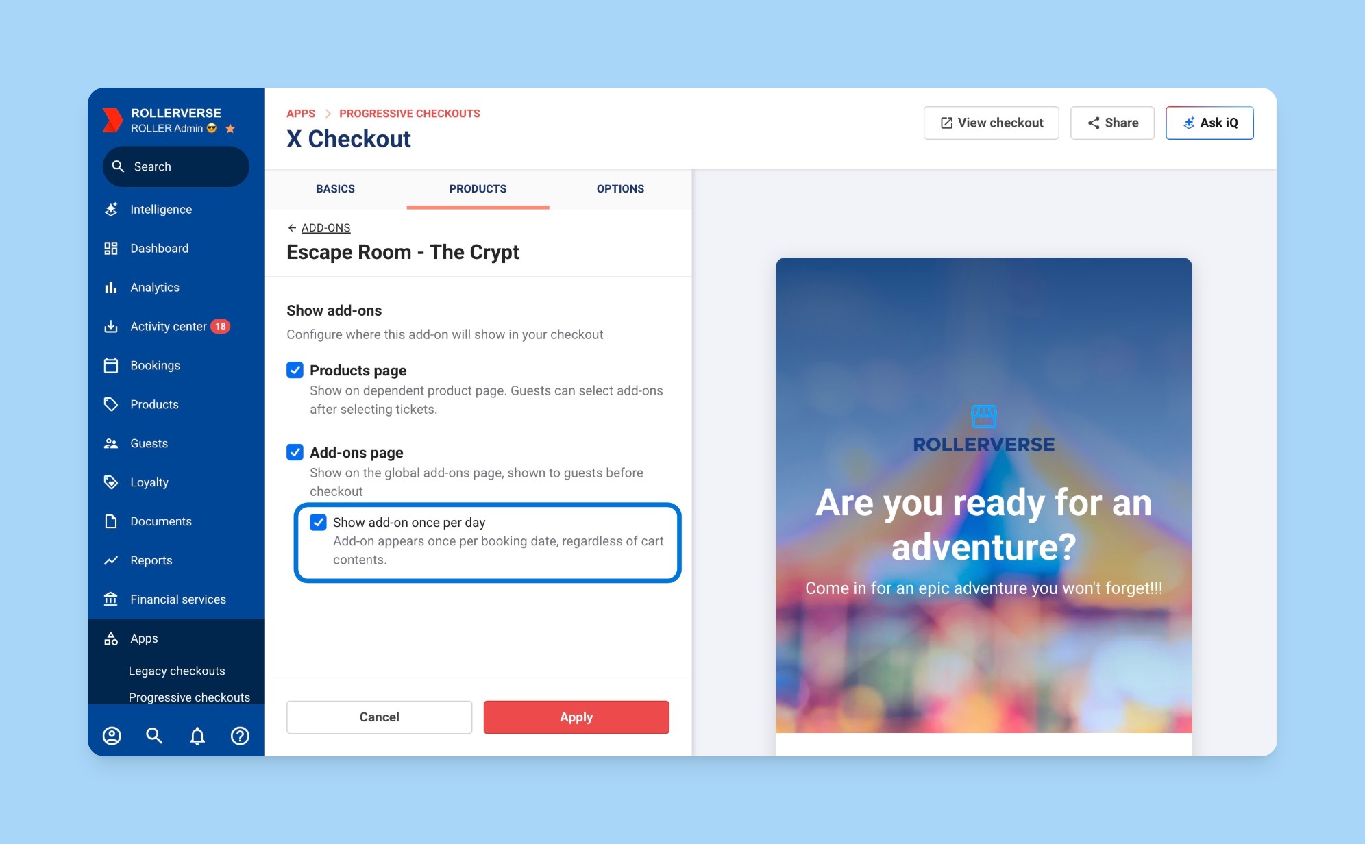 The Show add-on once per day setting in a product's add-on checkout settings