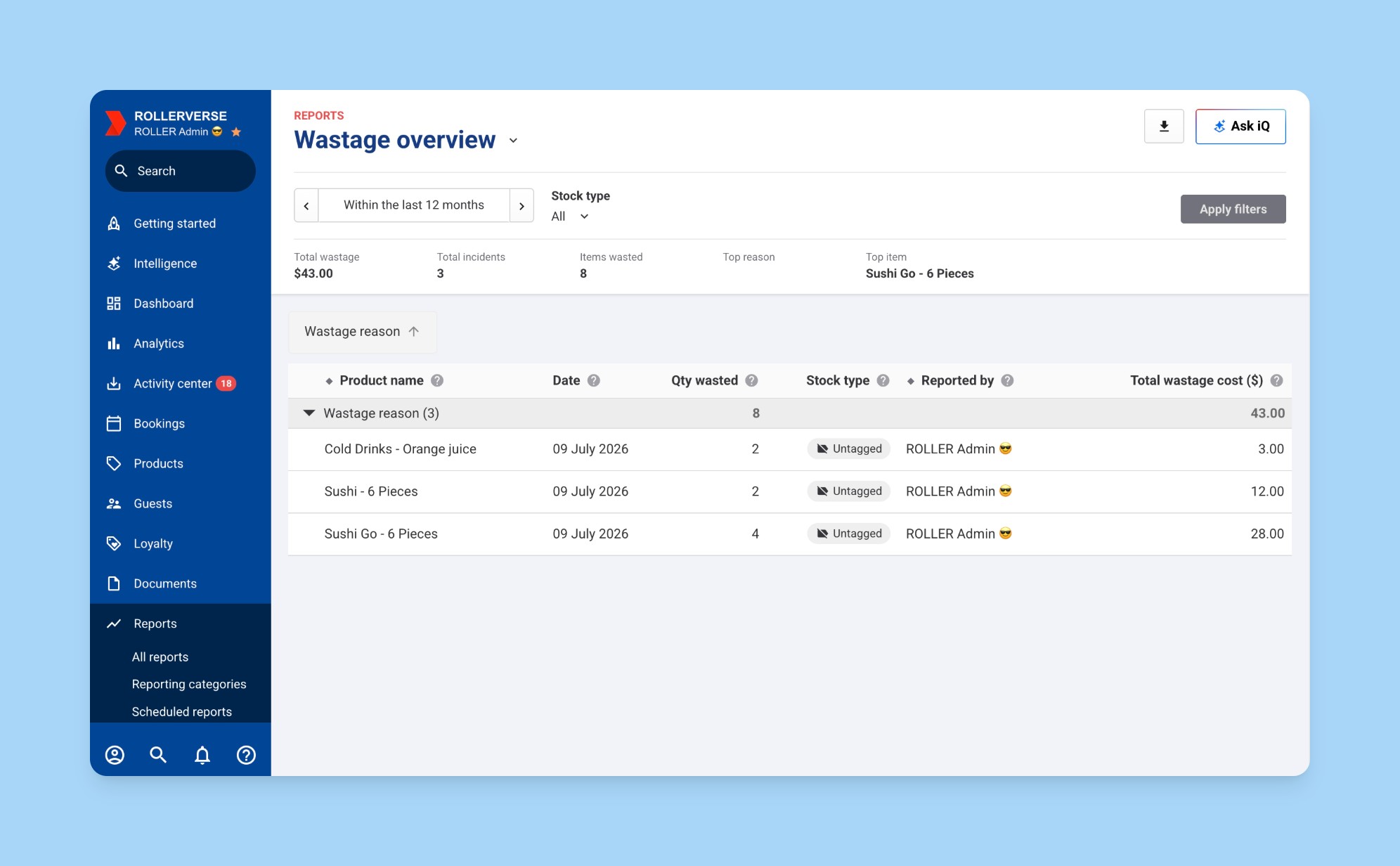 The new Wastage overview report in Venue Manager, grouped by reason
