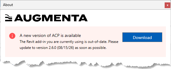 Notification about an available update for the Augmenta ACP Revit add-in.