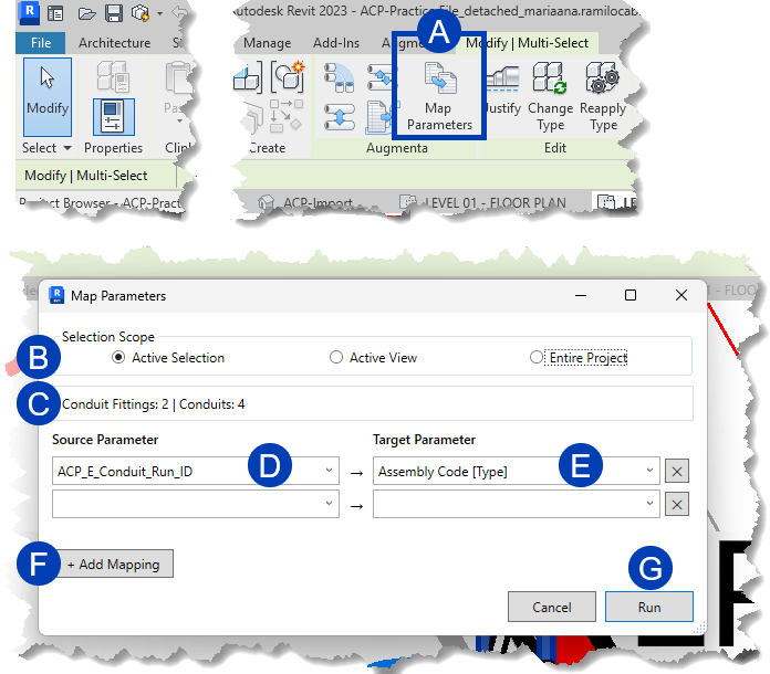 Map parameters in Autodesk Revit for conduit fittings and assembly code mapping.