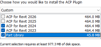 Installation options for ACP Plugin with selected versions and Part Library highlighted.