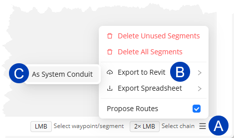 Menu options for exporting segments and proposing routes in a software interface.