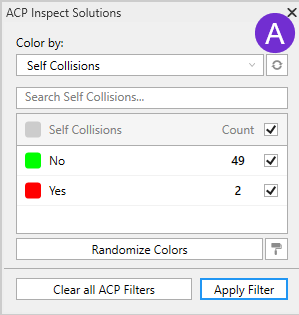Filter options for self-collisions showing counts for yes and no selections.