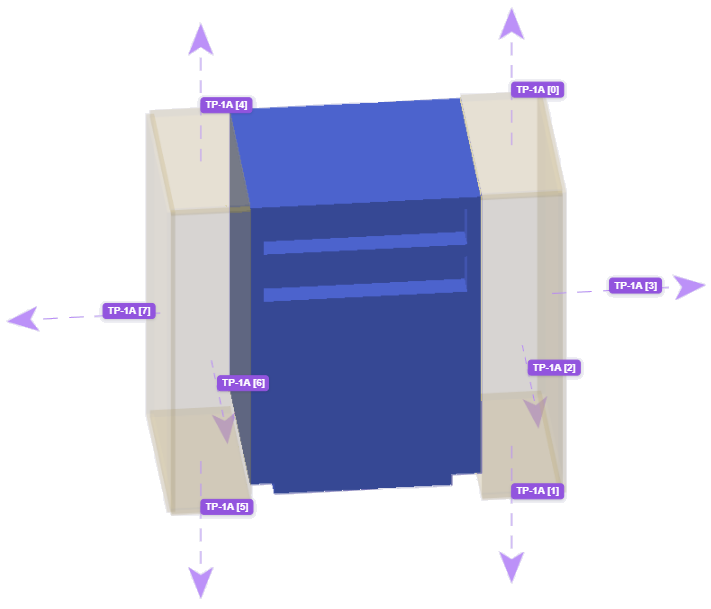 3D model with labeled points indicating various reference positions and dimensions.