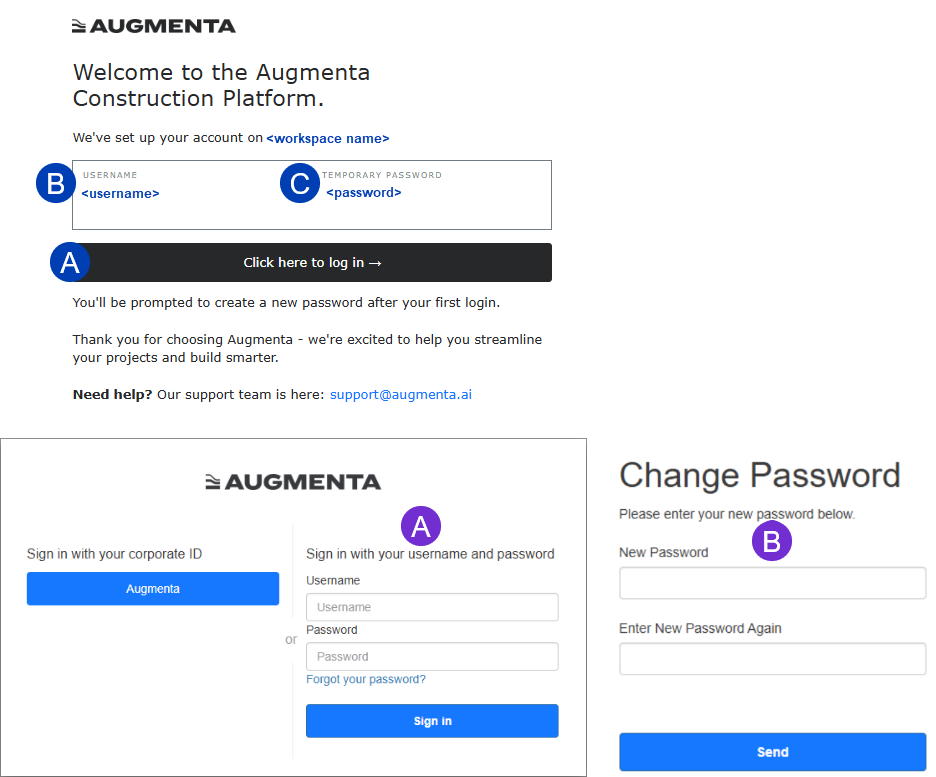 Login screen for Augmenta Construction Platform with username and password fields.