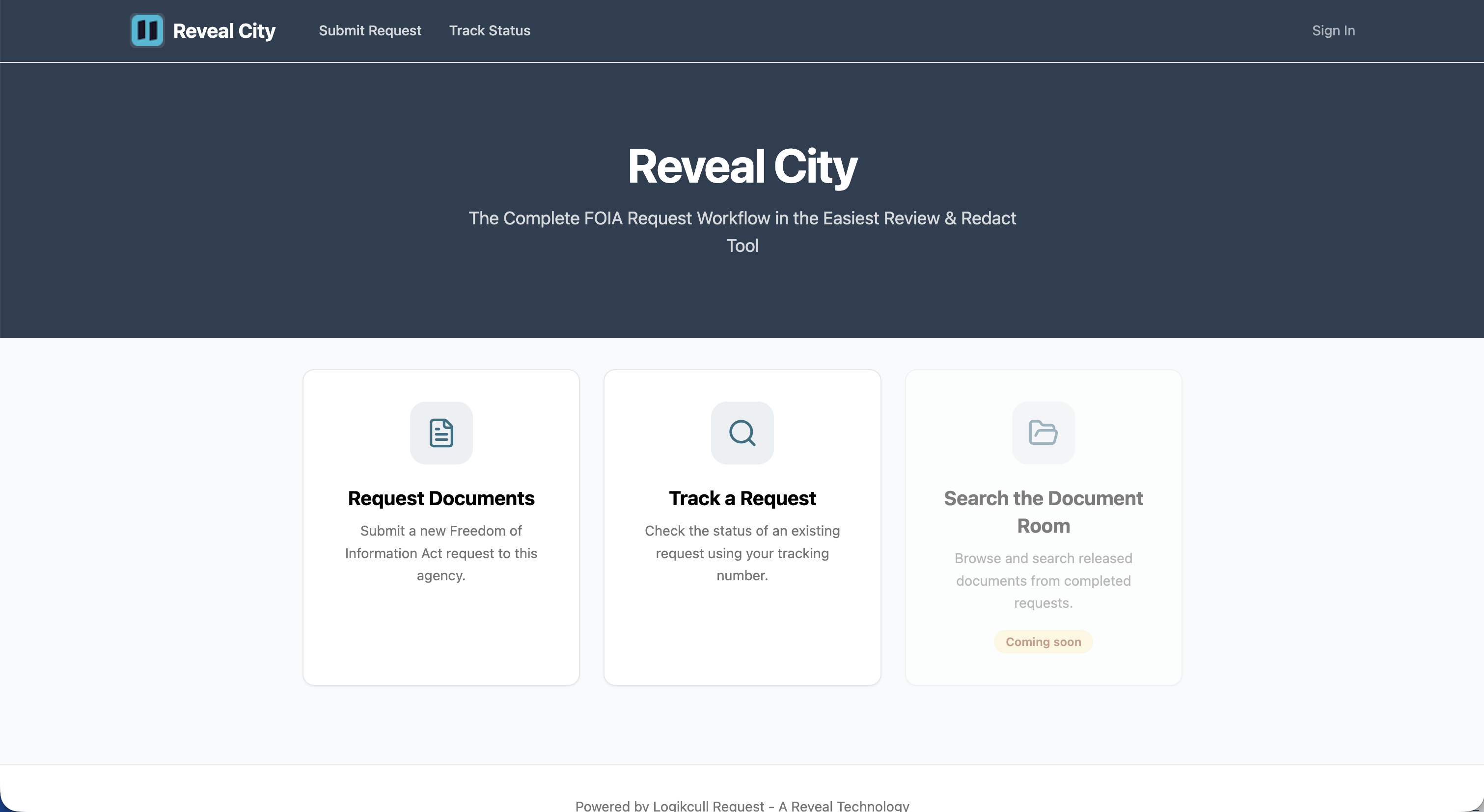 Reveal interface for submitting FOIA requests and tracking document statuses.