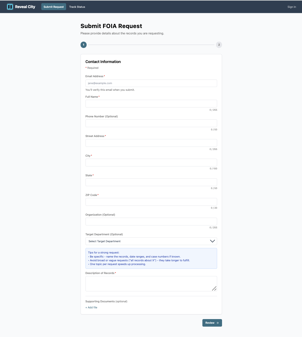 Form for submitting a FOIA request with required contact information fields.