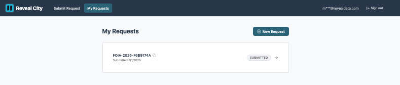 Overview of submitted requests in the Reveal City platform interface.