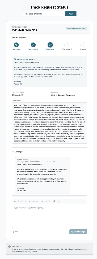 Status update for FOIA request, detailing processing stages and agency communication.