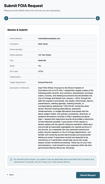 Form for submitting a FOIA request with personal and record details filled in.