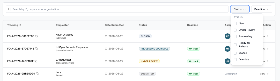 Table displaying FOIA requests with tracking IDs, requesters, submission dates, and statuses.