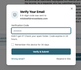 Email verification prompt requesting a six-digit code for account confirmation.