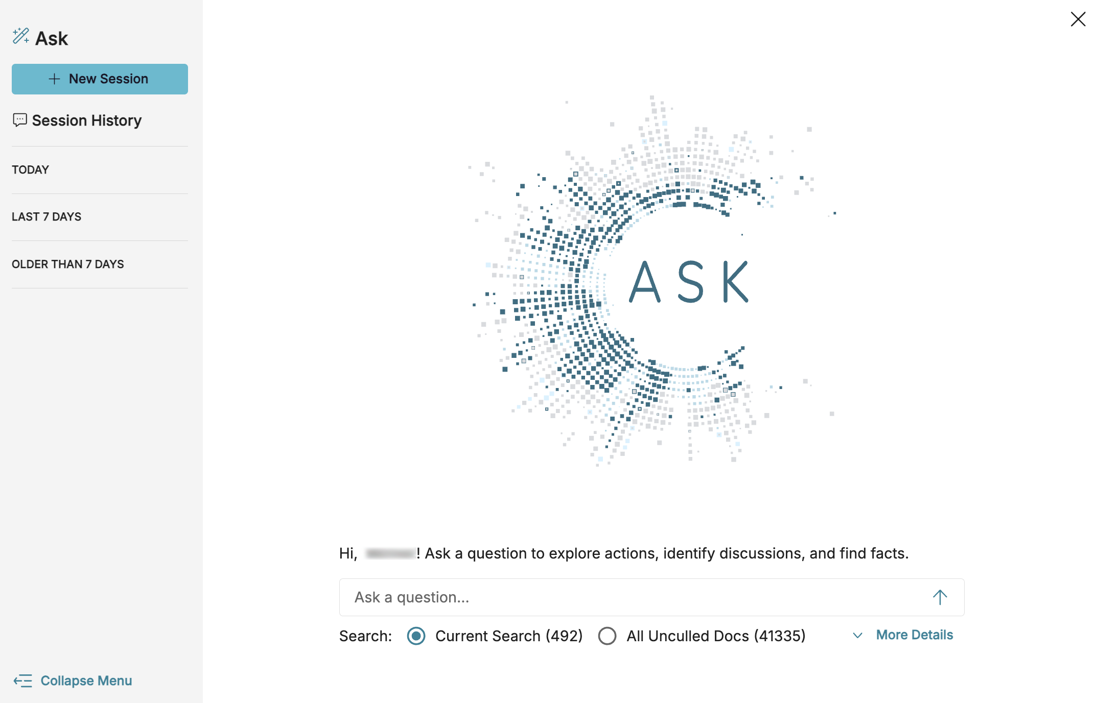 Interface showing options to ask questions and view session history.