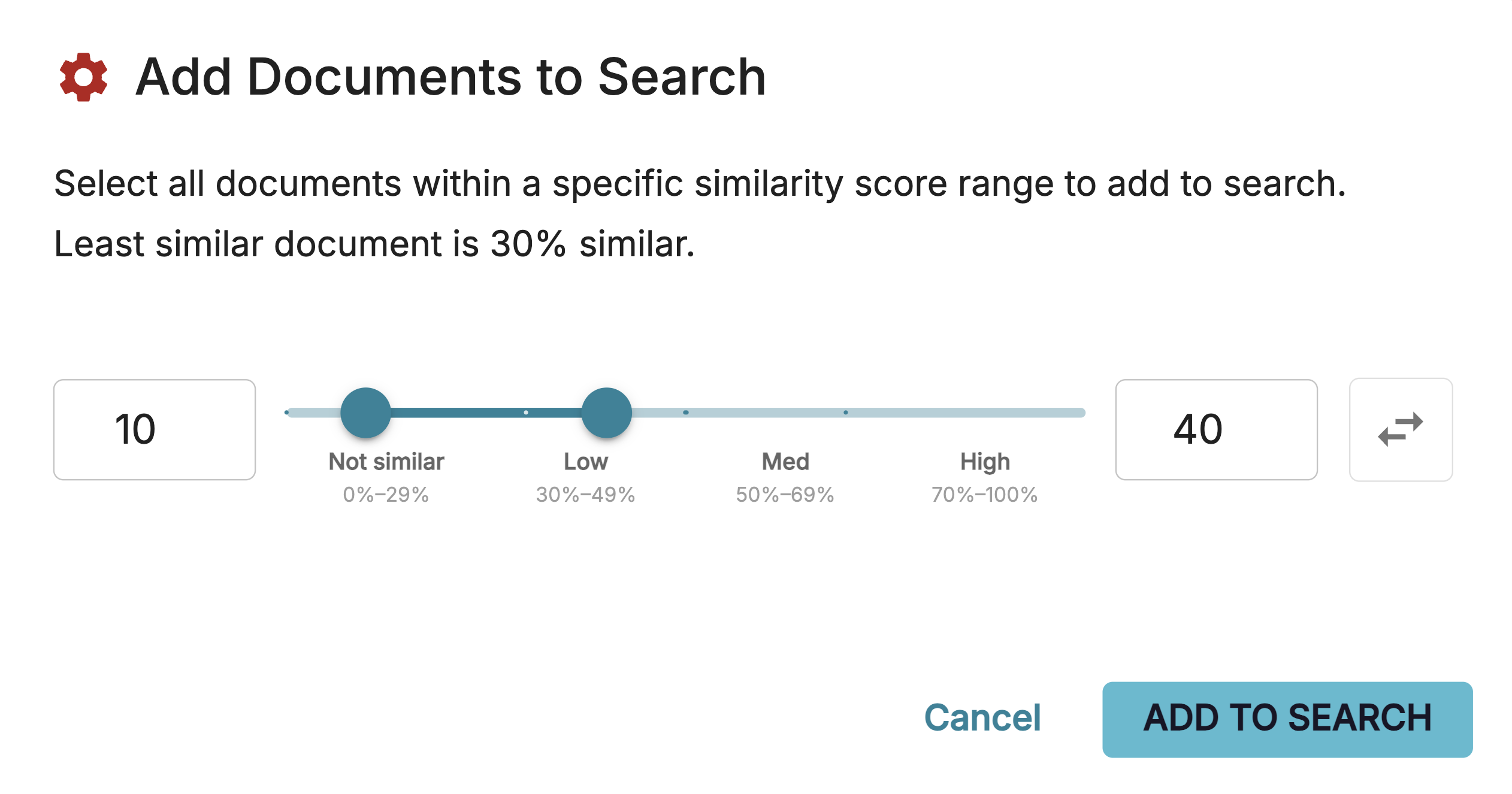Interface for selecting documents based on similarity score range for search functionality.