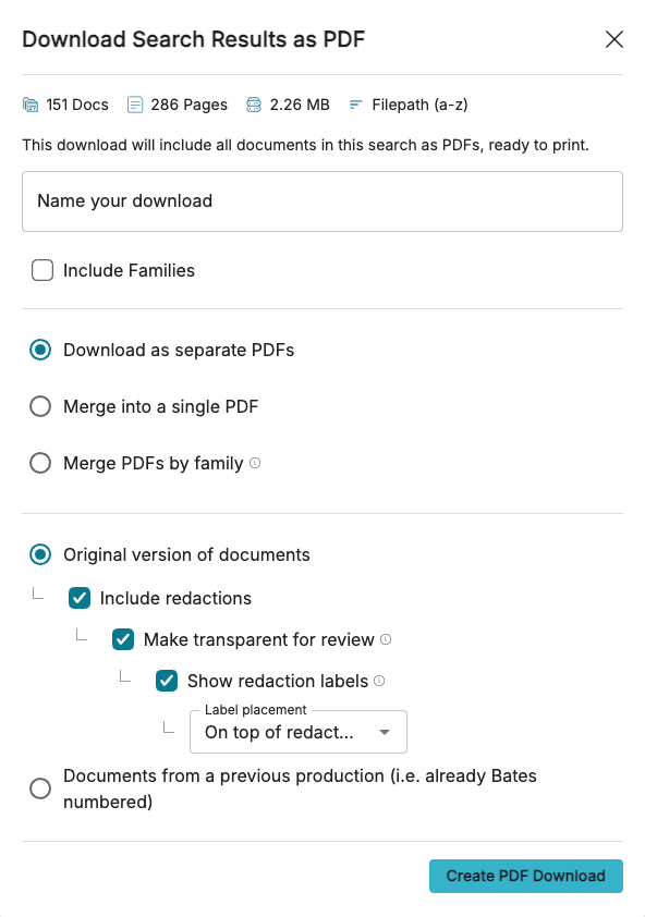 Options for downloading search results as PDFs, including redaction settings and file organization.