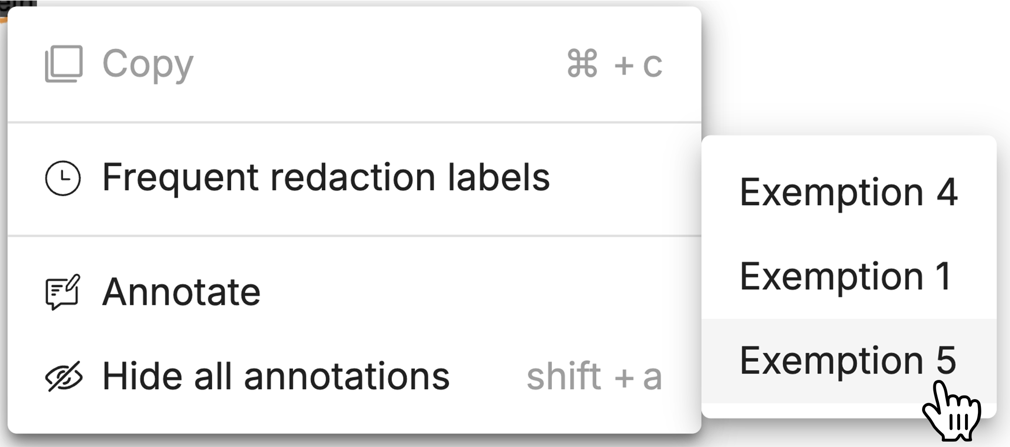 Menu options for redaction labels including Exemption 1, 4, and 5 selections.