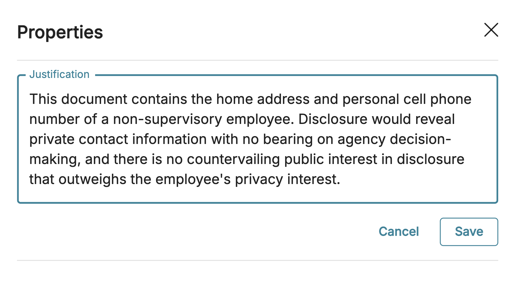 Document justifying the protection of an employee's private contact information from disclosure.