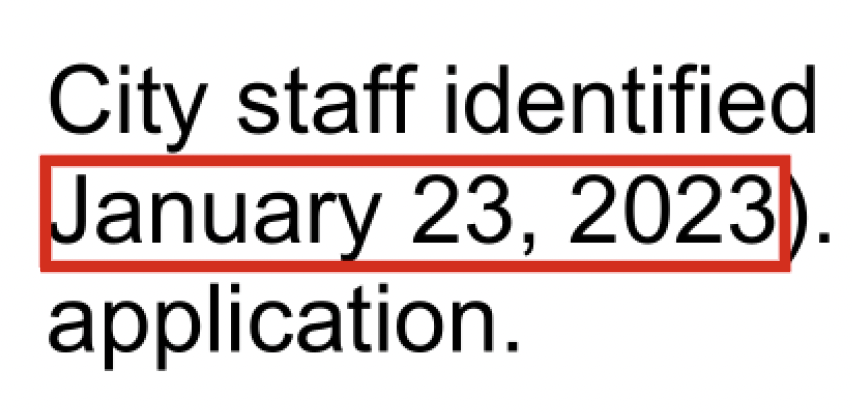 City staff identified an application date of January 23, 2023, in the document.