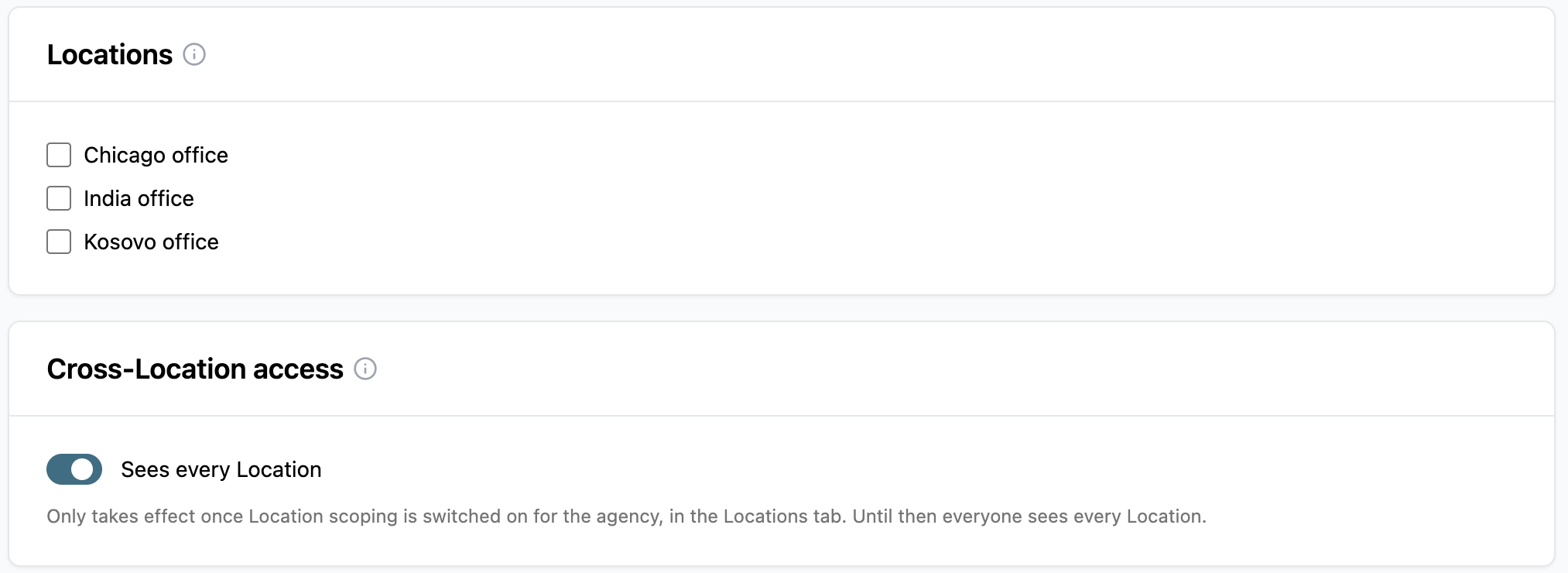 Options for selecting office locations and cross-location access settings are displayed.