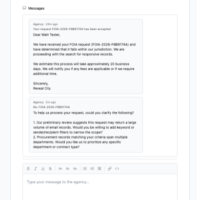 FOIA request status update showing submission, agency review, and processing stages.