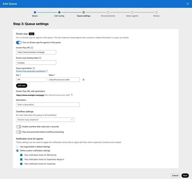 Add queue screen pop and overflow settings page