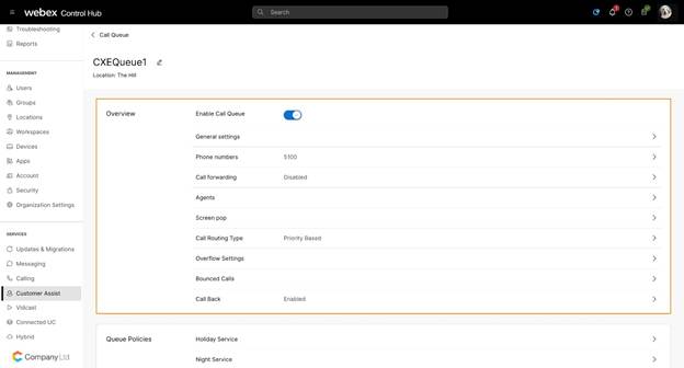 Overview section with enable call queue toggle enabled