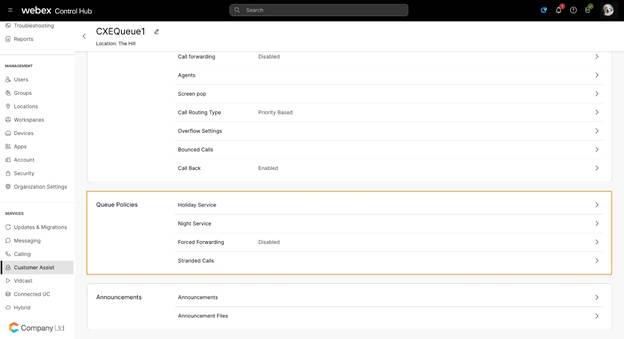 Queue policies section with the options to set holiday service, night service, forced forwarding, and stranded calls