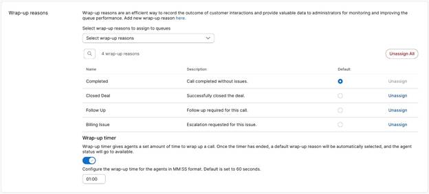 Wrap-up reasons section with the default wrap-up reason selected and wrap-up timer toggle enabled