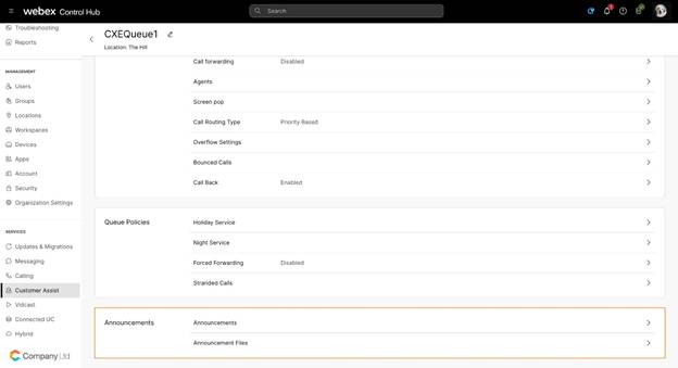 Announcement section with the options to set the announcement and upload files