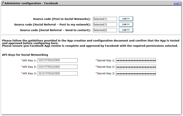 The administer configuration facebook window