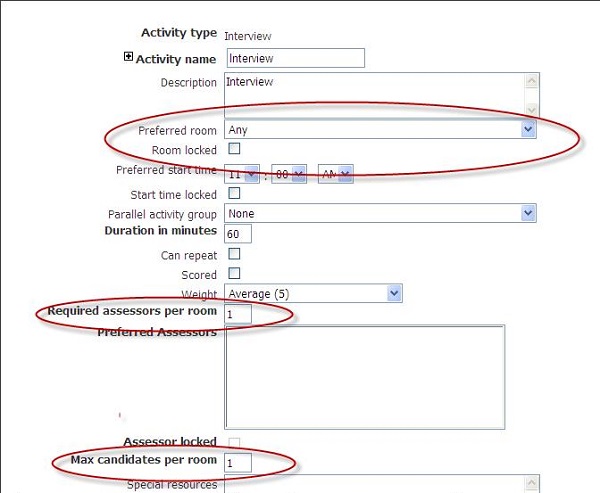 Preferred Room, assessors and candidates per room settings