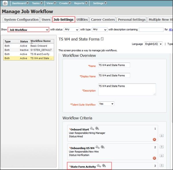 Manage Job Workflow screen - Workflow Criteria section