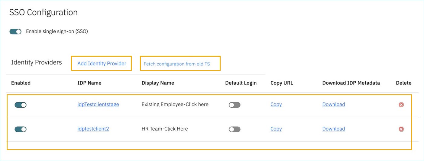 The SSO configuration screen with Add identity provider link and Fetch configuration from Old TS link.