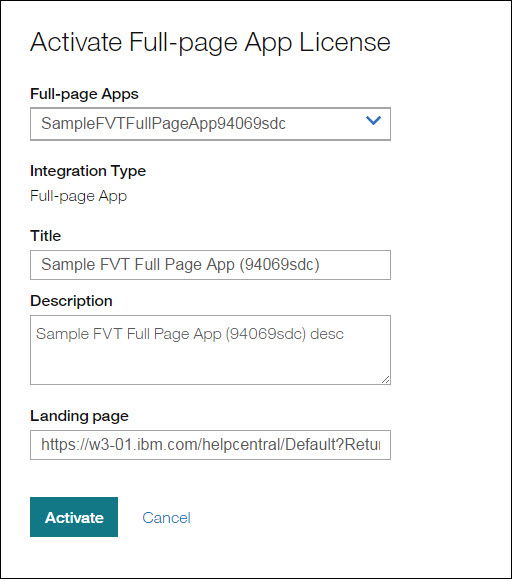 Activate Full-page App license Title and Description fields