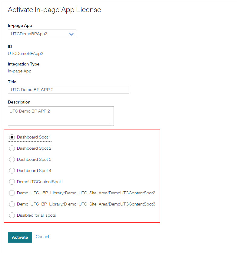 Activate In-page App License page, Select Dashboard Spot