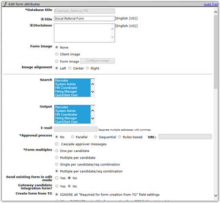 The Edit form attributes page