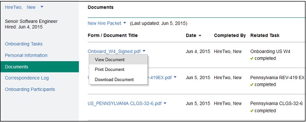 Documents menu - Hire Profile Page