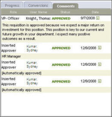 Comments displays the comments added by each person who has approved the requisition