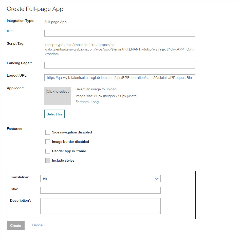 Create Application page