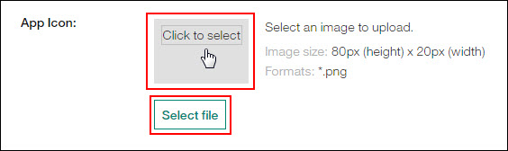 App Icon section - Select Click to select or Select file