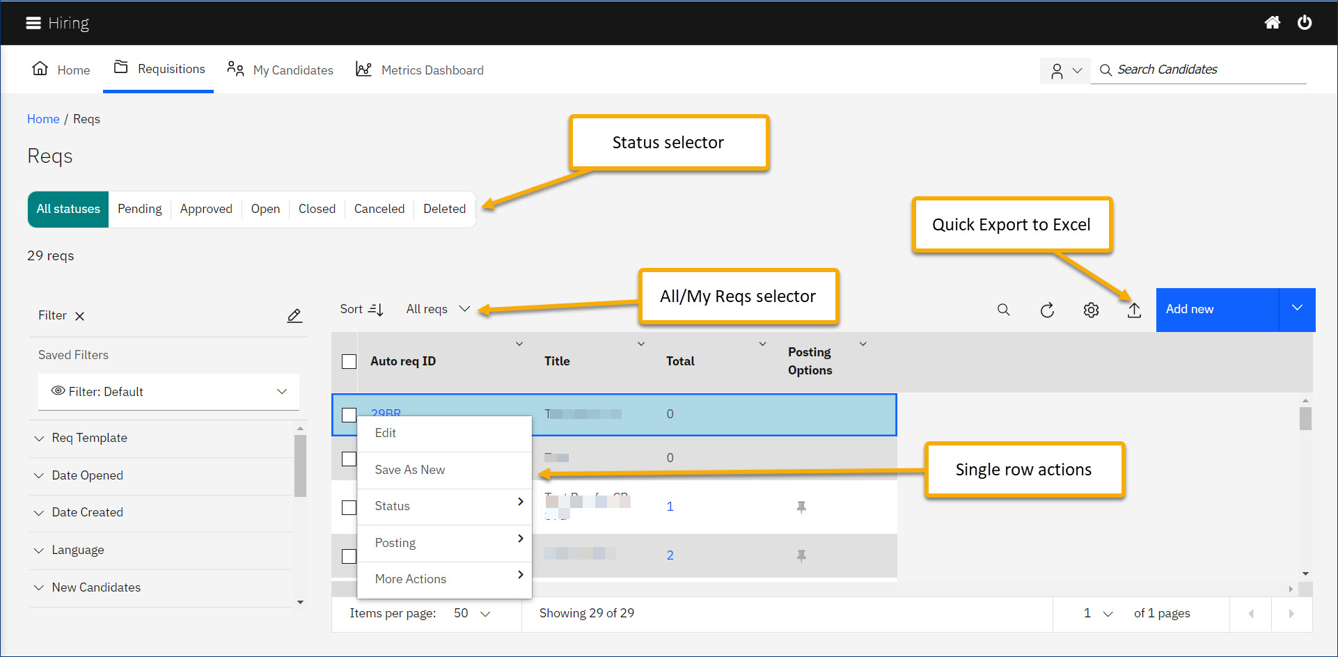 The Reqs grid with new features.