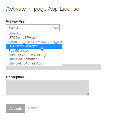 Activate In-page App License page, In-page App selection